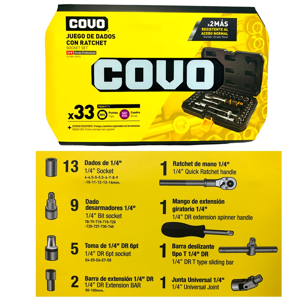 JUEGO DE DADOS CON RACHET 33 PIEZAS 1/4" COVO