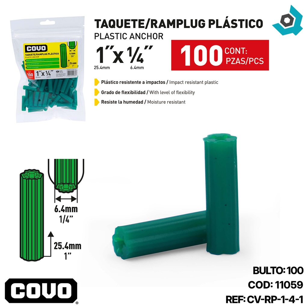 RAMPLUG PLASTICO 1" X 1/4" 100 PIEZAS VERDE COVO