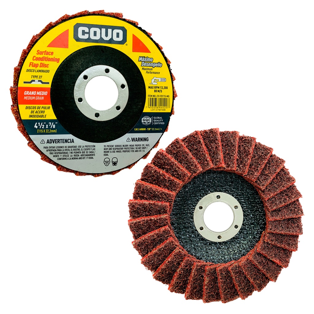 DISCODE ABRASIVO 4 1/2" GRANO MEDIO PARA PULIR DE ACERO INOXIDABLE COVO