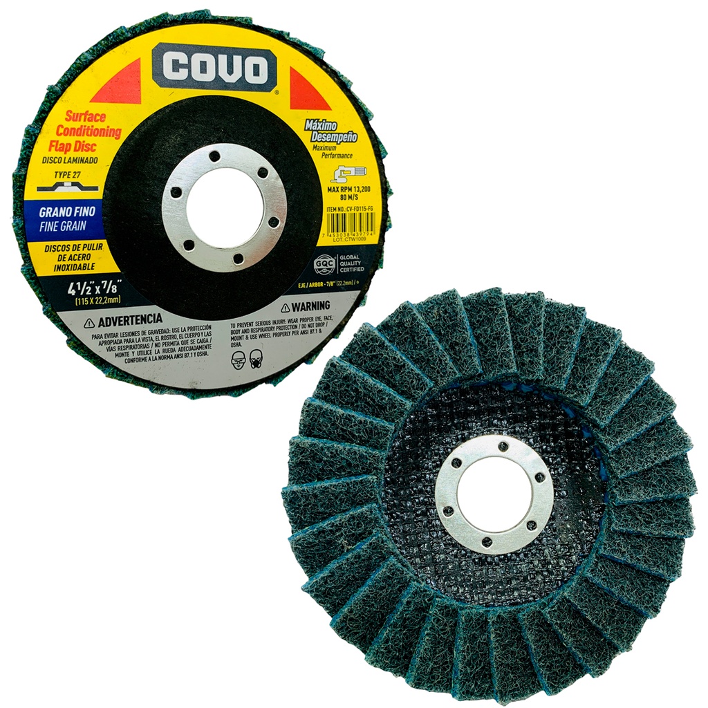 DISCODE ABRASIVO 4 1/2" GRANO FINO PARA PULIR DE ACERO INOXIDABLE COVO