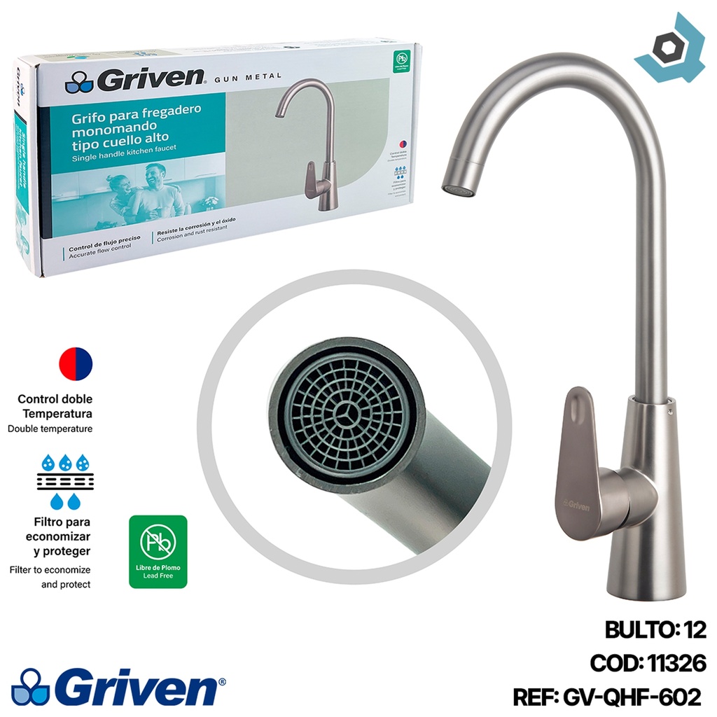 GRIFERIA PARA FREGADERO MONOMANDO CUELLO ALTO GRIS METALICO GRIVEN GUN METAL