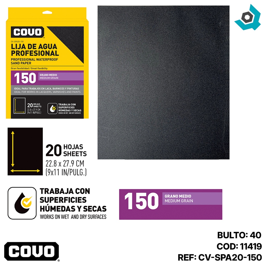 LIJA DE AGUA 9" X 11" GRANO 150 MEDIO COVO