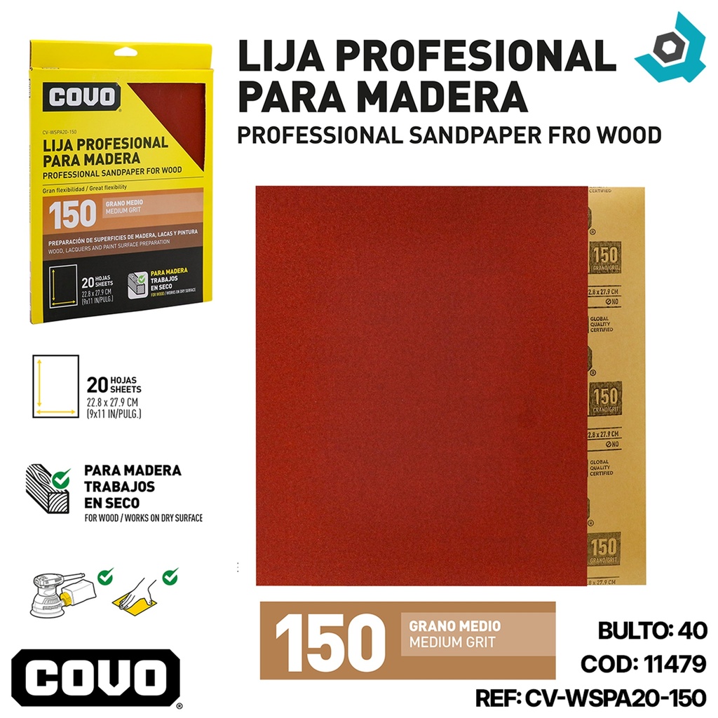 LIJA PROFESIONAL 9" X 11" PARA MADERA GRANO 150 COVO