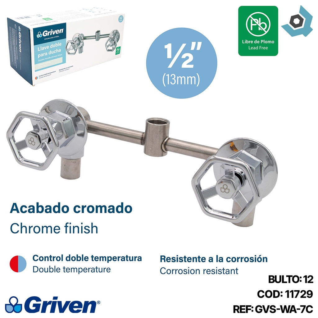 LLAVE DOBLE PARA DUCHA 1/2" CROMADO ACERO INOXIDABLE GRIVEN