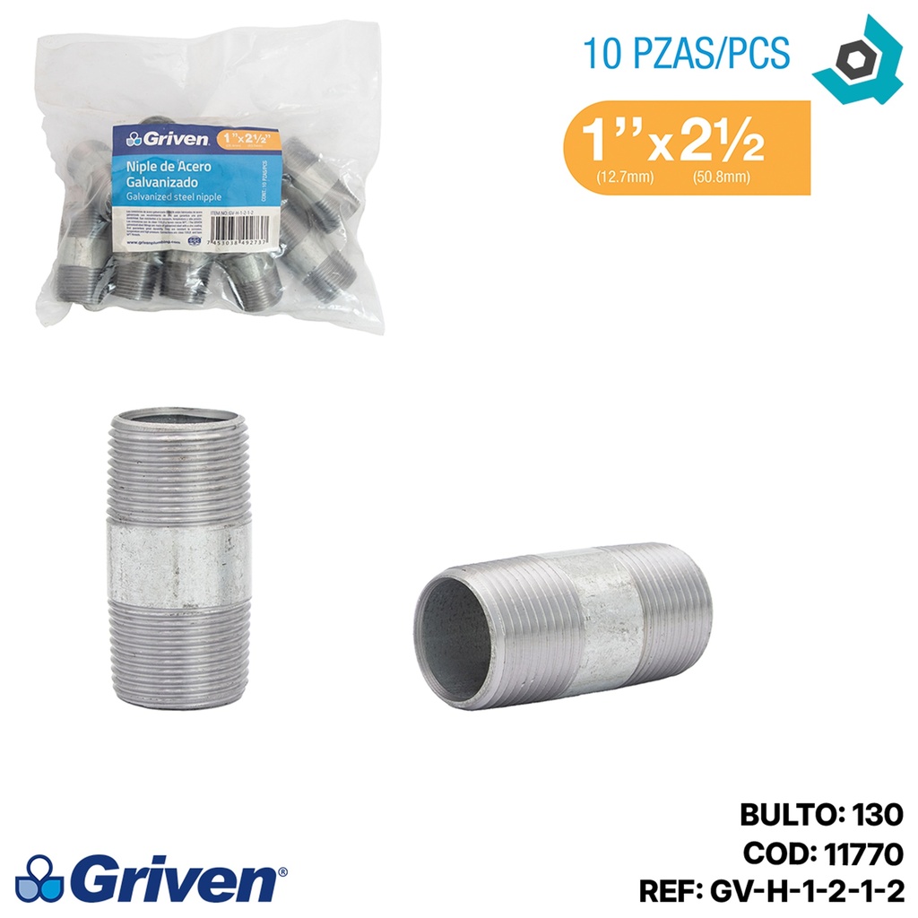 NIPLE 1" X 2 1/2" DE LARGO DE ACERO GALVANIZADO GRIVEN