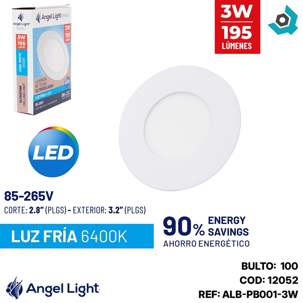 LAMPARA  LED PARA EMPOTRAR REDONDA 3W 6400K ANGEL LIGHT BASIC