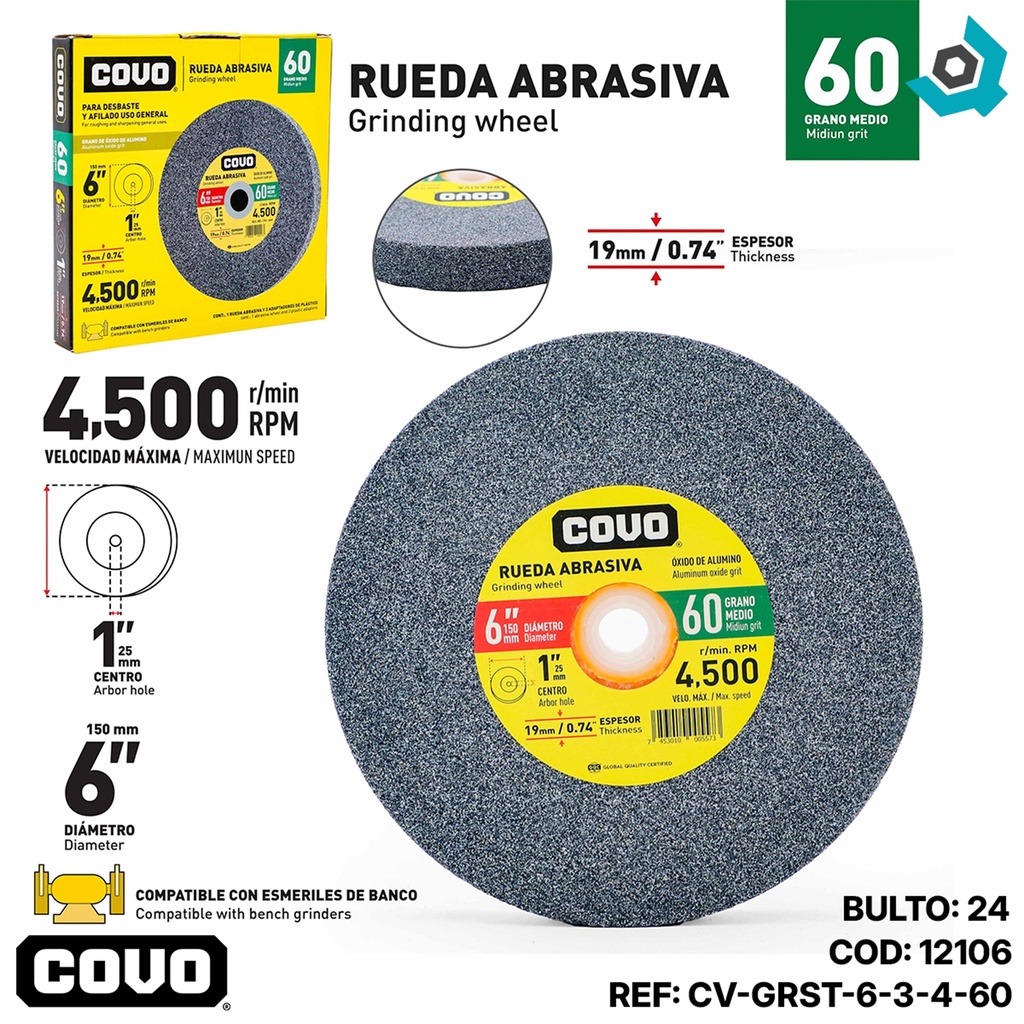 DISCO ABRASIVO PARA DESBASTE GRANO 60 X 6" X 19MM COVO