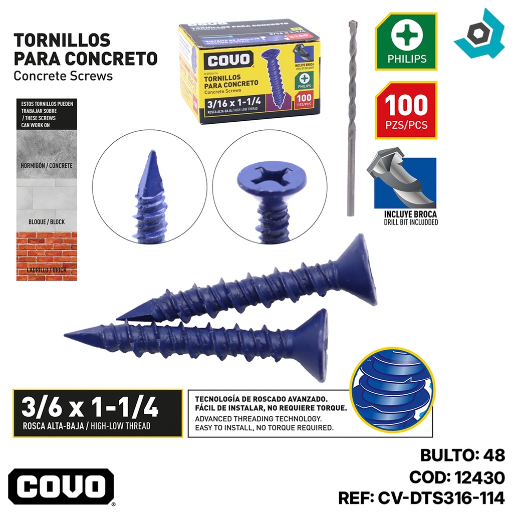 TORNILLOS PARA CONCRETO 3/16” X 1-1/4” 100 PZAS COVO