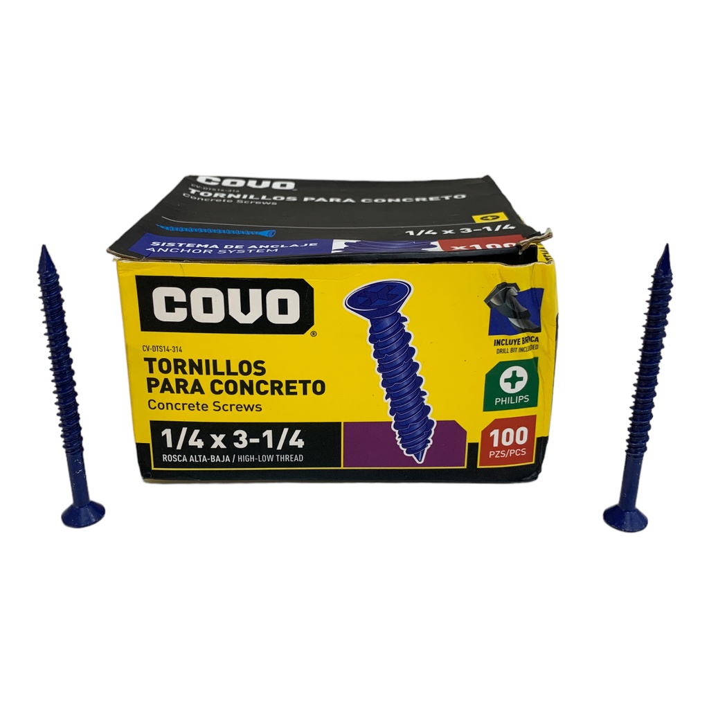 TORNILLOS PARA CONCRETO 1/4" X 3-14" 100 PZAS COVO