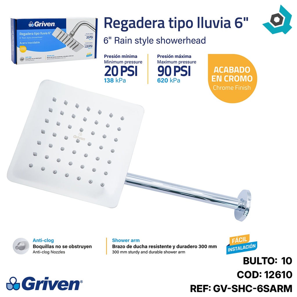 REGADERA TIPO LLUVIA 6" CROMADA CUADRADA GRIVEN