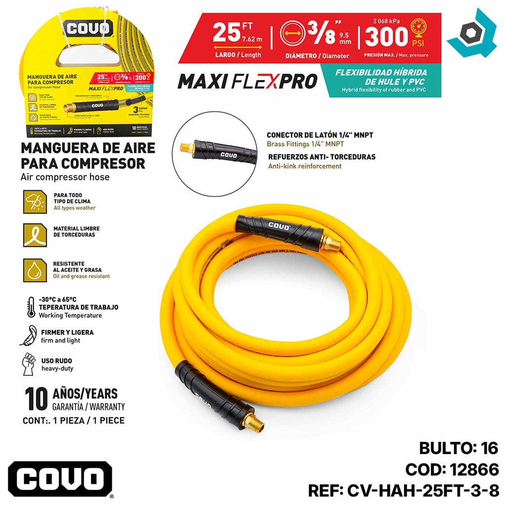 MANGUERA DE AIRE 3/8" PARA COMPRESOR 7.62M COVO