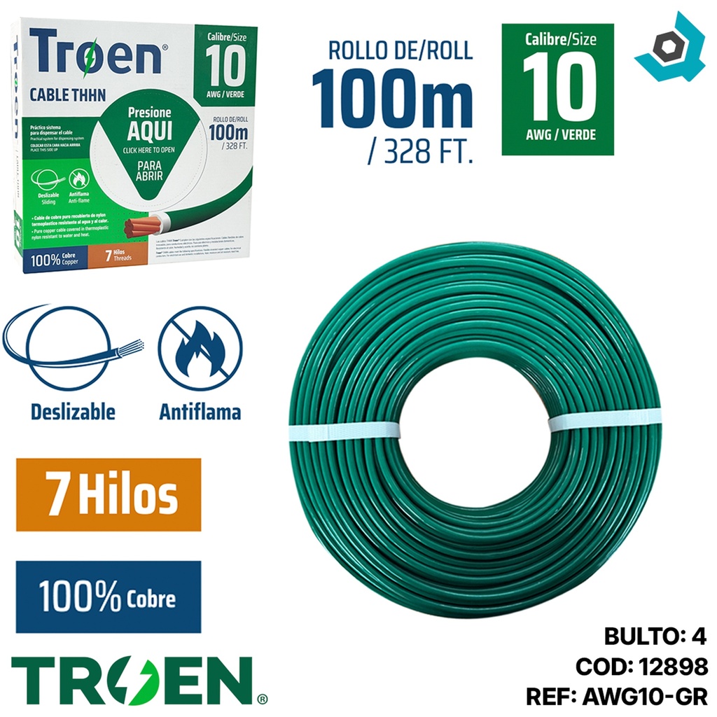 CABLE ELECTRICO 10 AWG VERDE 7 HILOS TROEN