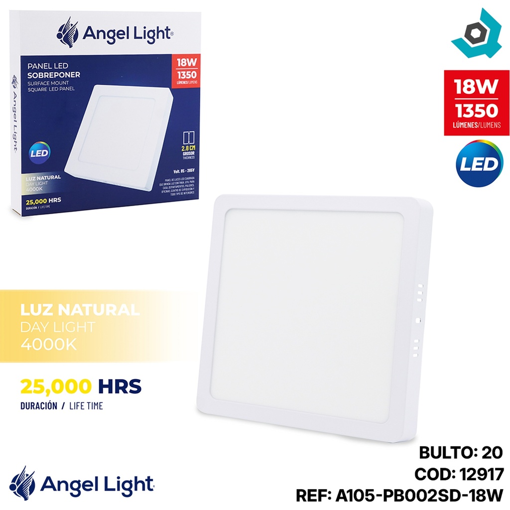 LAMPARA LED SUPERFICIAL CUADRADA 18W 4000K BLANCA ANGEL LIGHT