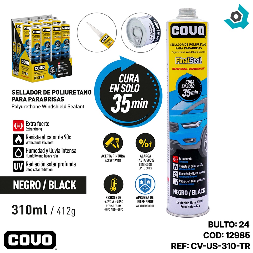 SELLADOR DE POLIURETANO PARA PARABRISAS NEGRO 310ML COVO