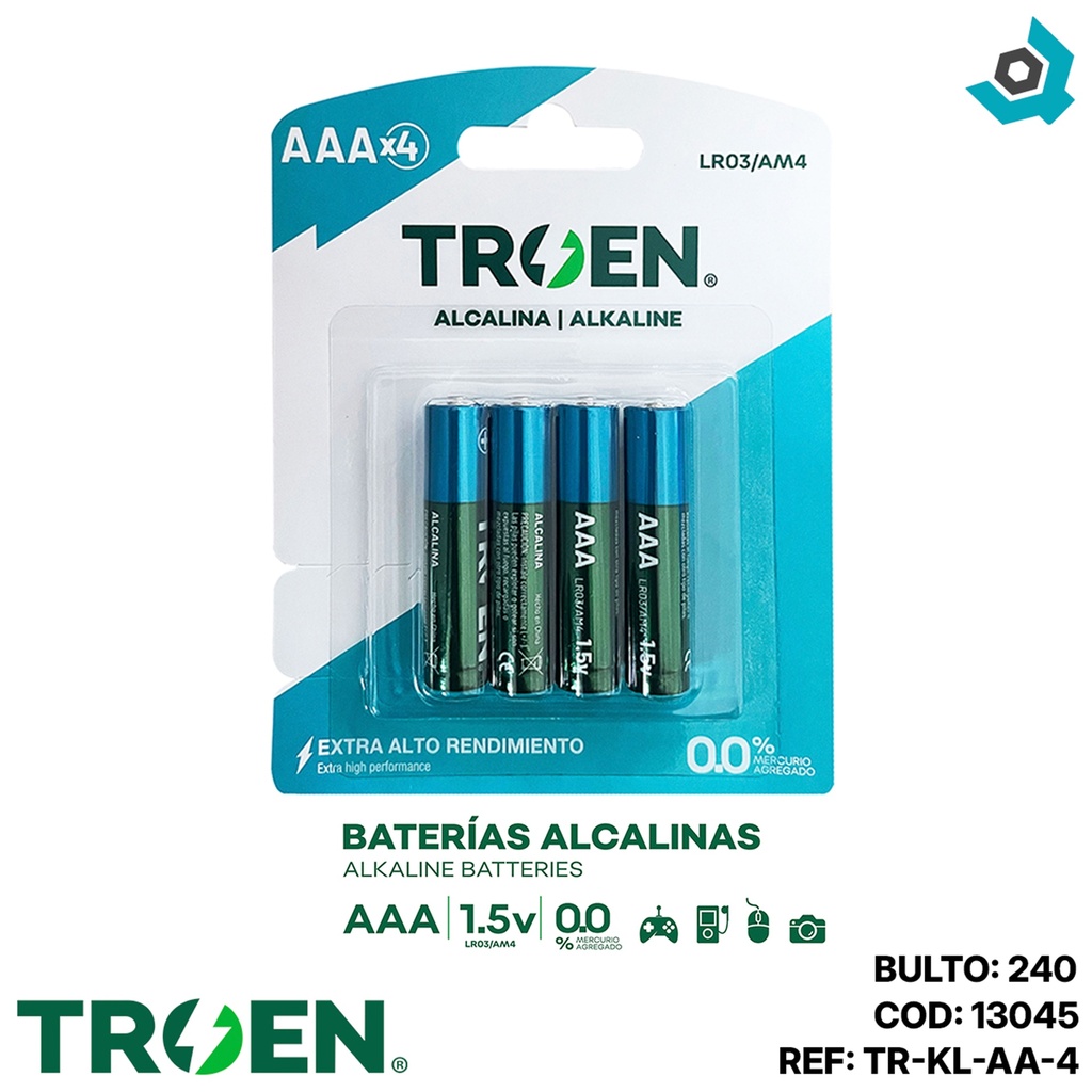 BATERIAS AA ALCALINAS 4PZAS TROEN