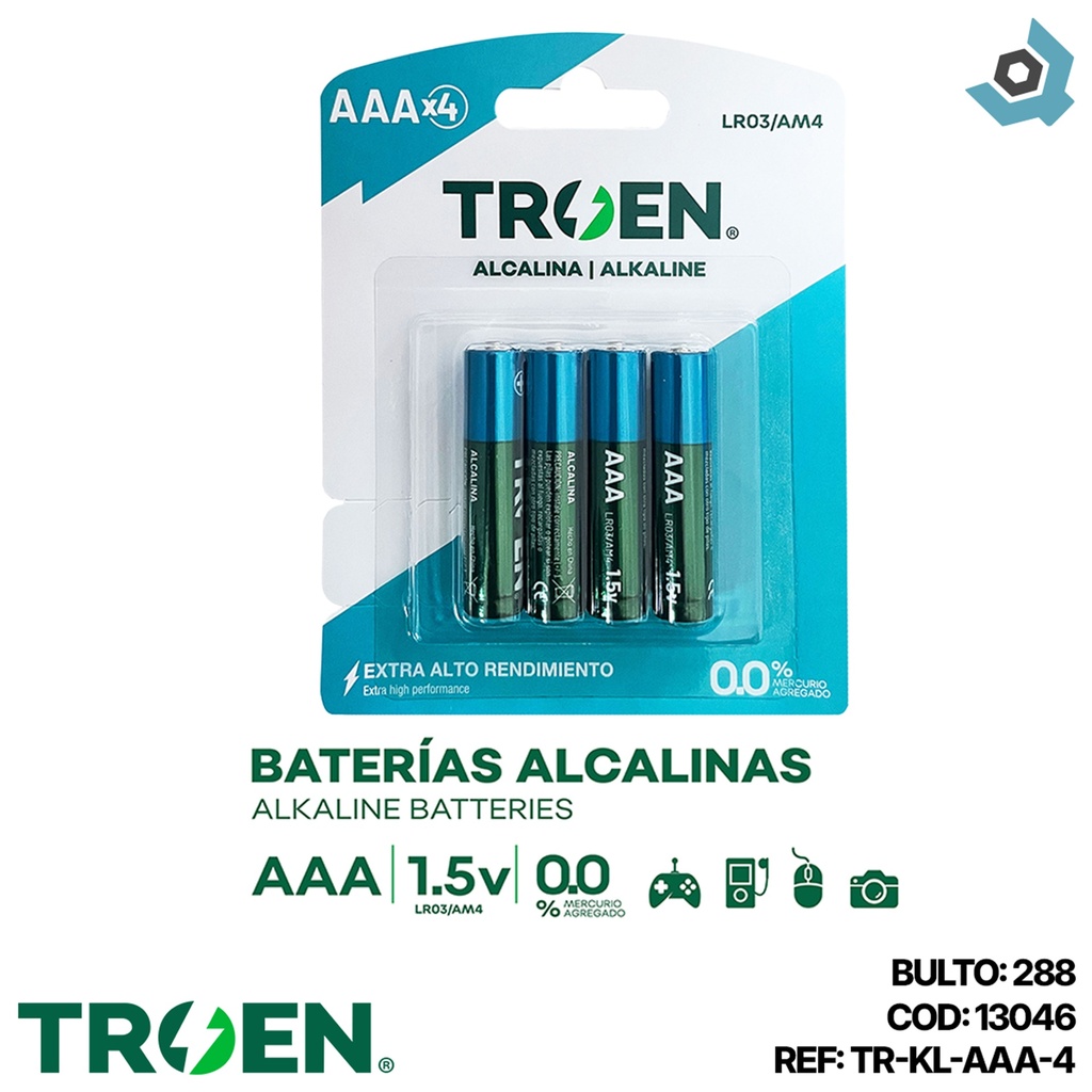 BATERIAS AAA ALCALINAS 4PZAS TROEN
