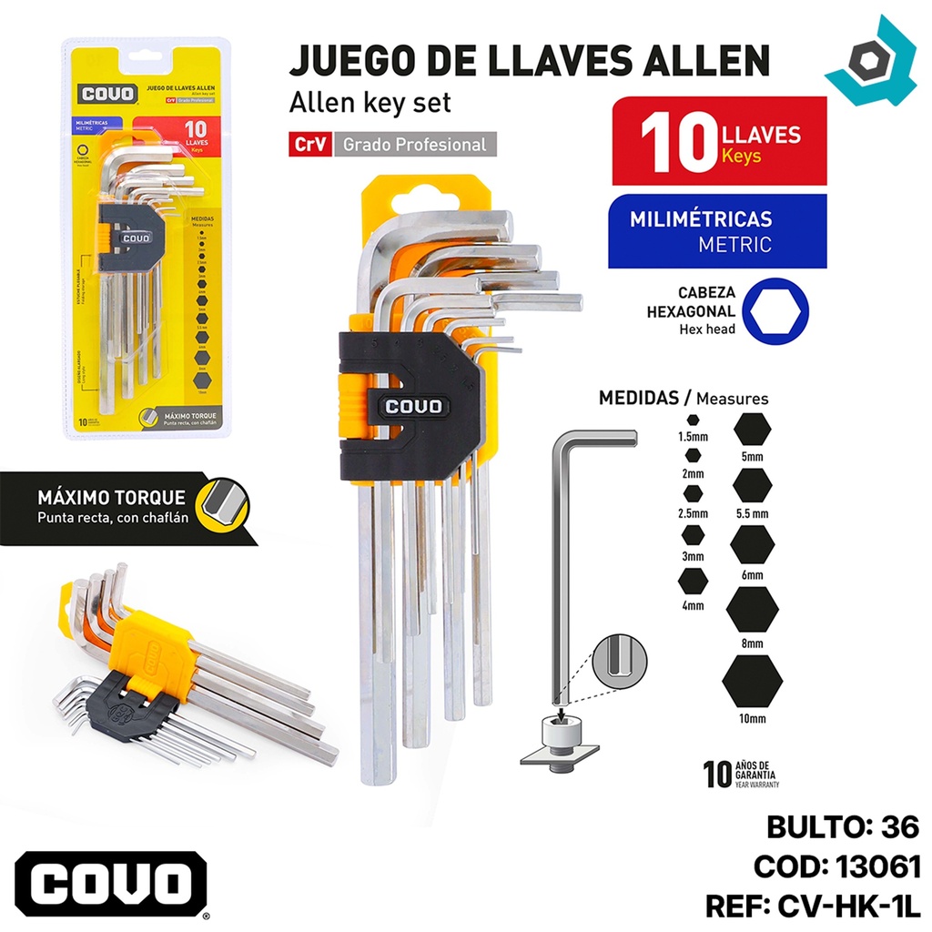 JUEGO DE LLAVES ALLEN MAXIMO TORQUE 10PZAS COVO