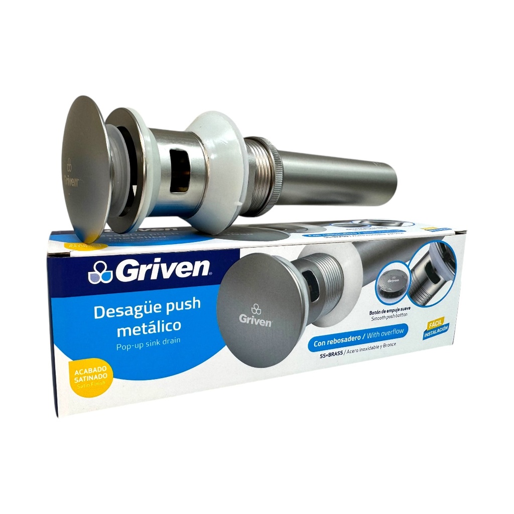 DESAGUE PUSH METALICO CON REBOSADERO SATINADO GRIVEN