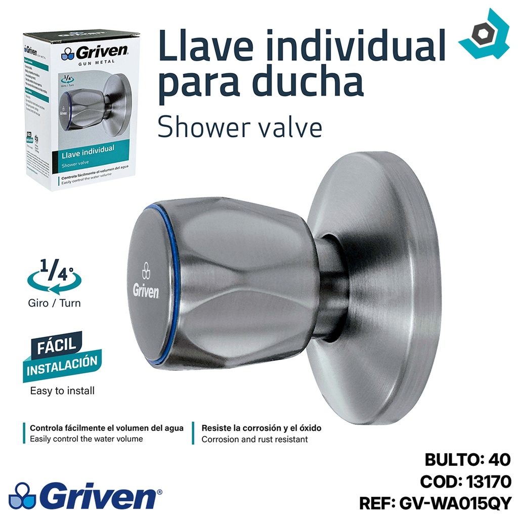 LLAVE PARA DUCHA 1/2" INDIVIDUAL GRIS METALICO GRIVEN
