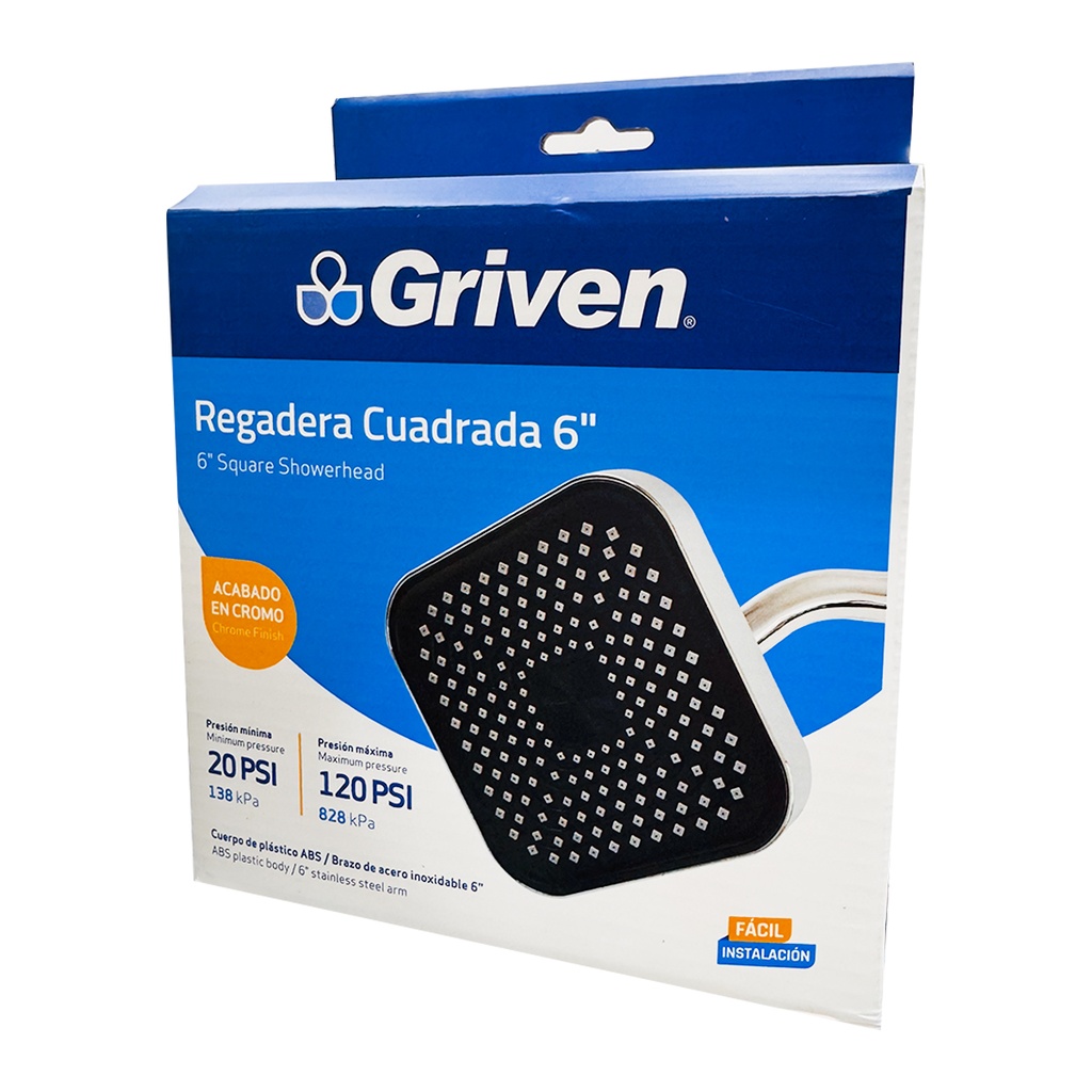 REGADERA CUADRADA 6" CROMADO GRIVEN