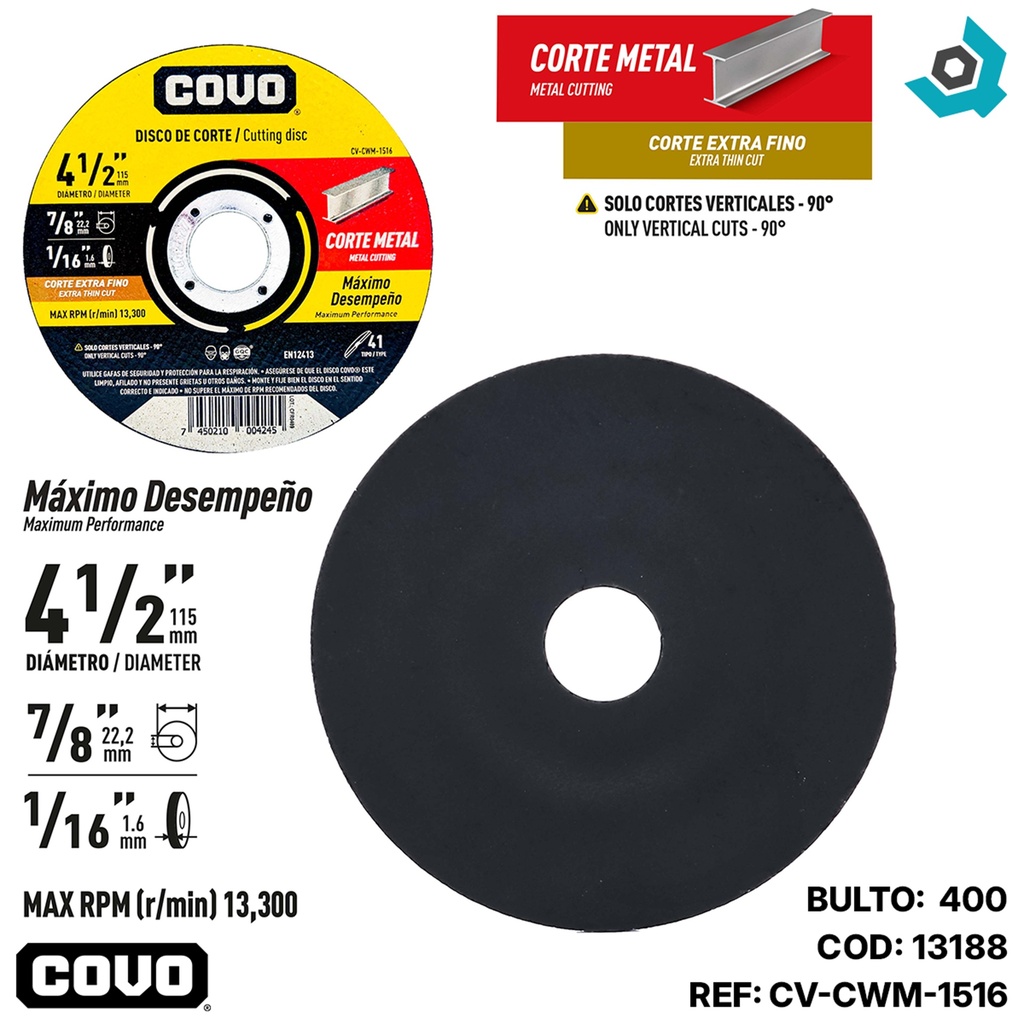 DISCO PARA CORTE EN MENTAL 4 1/2" EXTRA FINO COVO