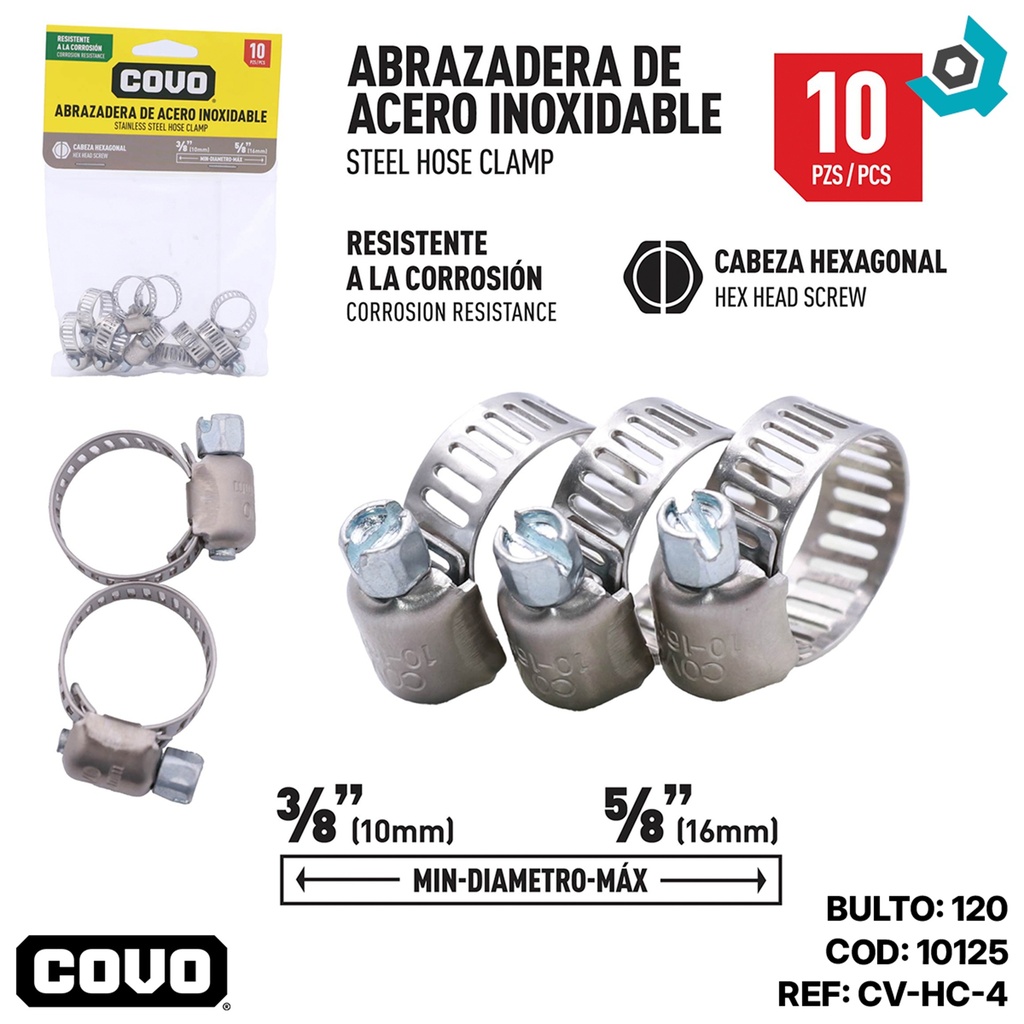 ABRAZADERAS 3/8" A 5/8" DE ACERO INXODABLE COVO
