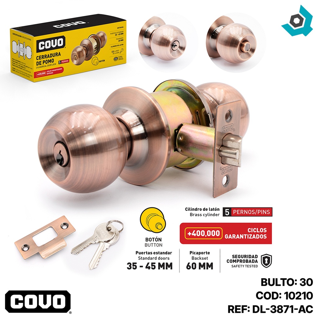 CERRADURA PARA DORMITORIO DE POMO COBRE COVO