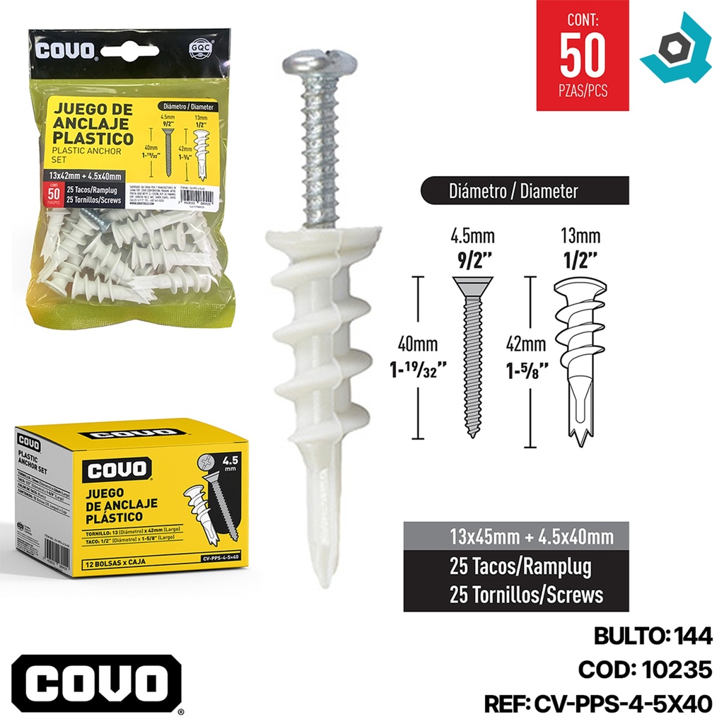 TORNILLOS CON RAMPLUG 4.5 X 40MM 50 PEIZAS COVO