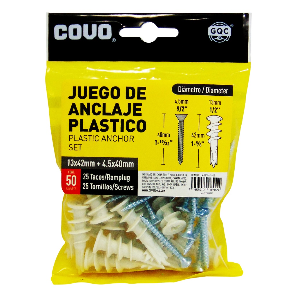 TORNILLOS CON RAMPLUG 4.5 X 40MM 50 PEIZAS COVO