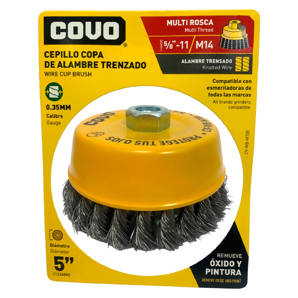 DISCO CEPILLO DE COPA DE ALAMBRE TRENSADO MULTIROSCA 5" X 5/8"-11 Y M14 COVO