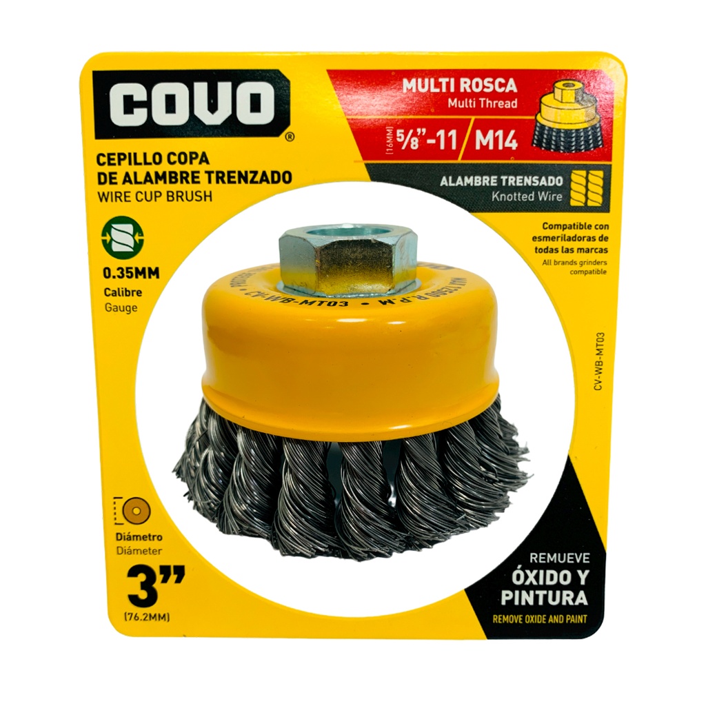 DISCO CEPILLO DE COPA DE ALAMBRE TRENSADO MULTIROSCA 3" X 5/8"-11 Y M14 COVO