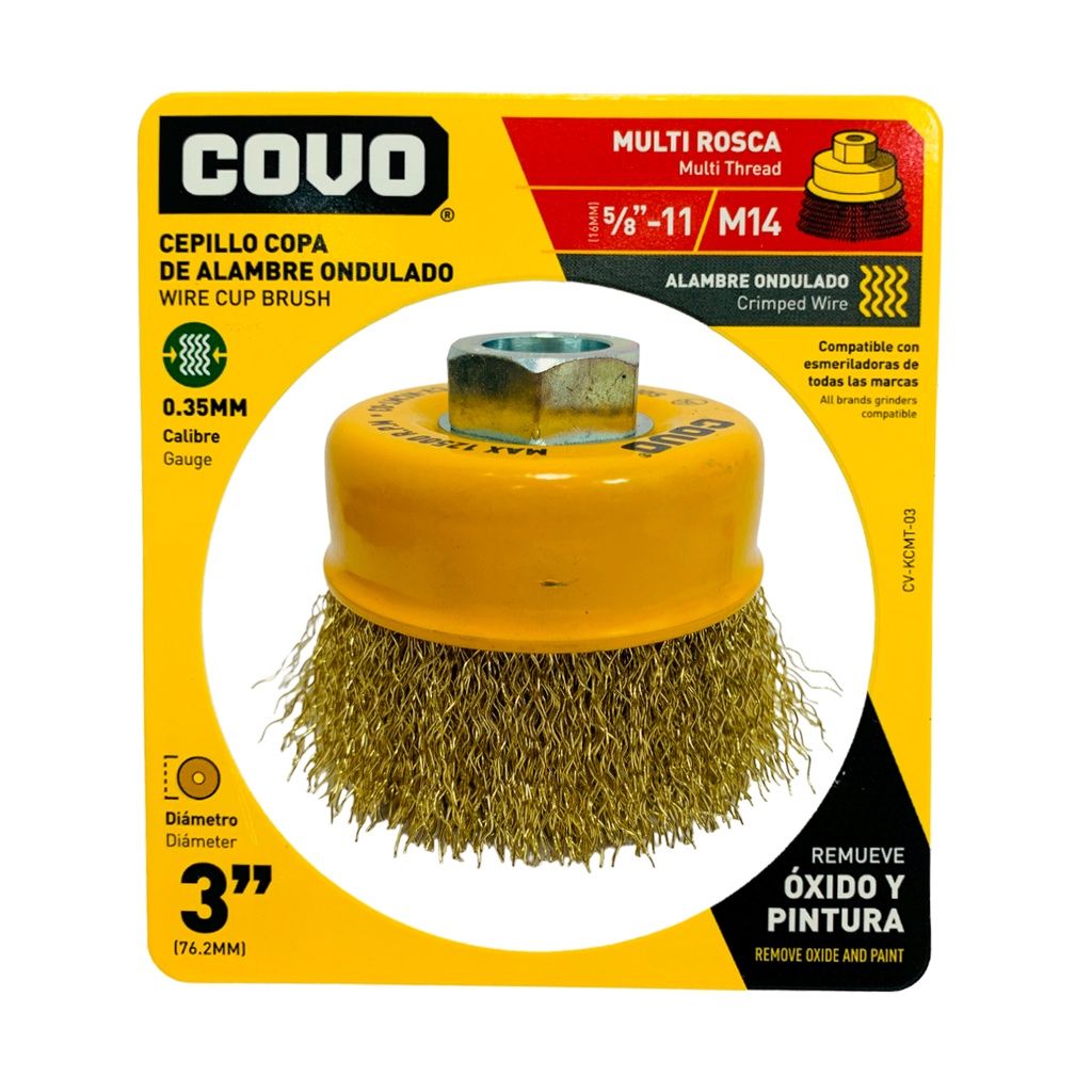 DISCO CEPILLO DE COPA DE ALAMBRE ONDULADO MULTIROSCA 3" X 5/8"-11 Y M14 COVO
