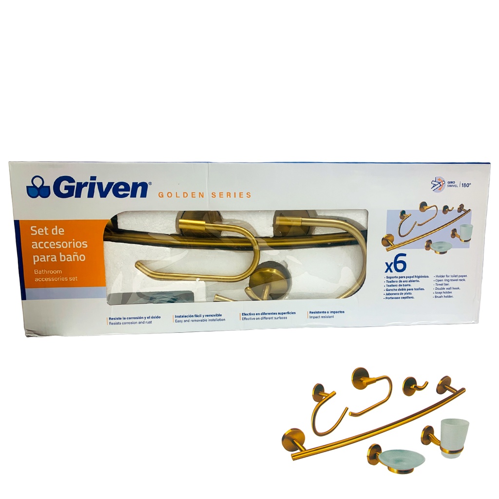 JUEGO DE ACCESORIOS DE BANO 6 PIEZAS DORADO GRIVEN GOLDEN