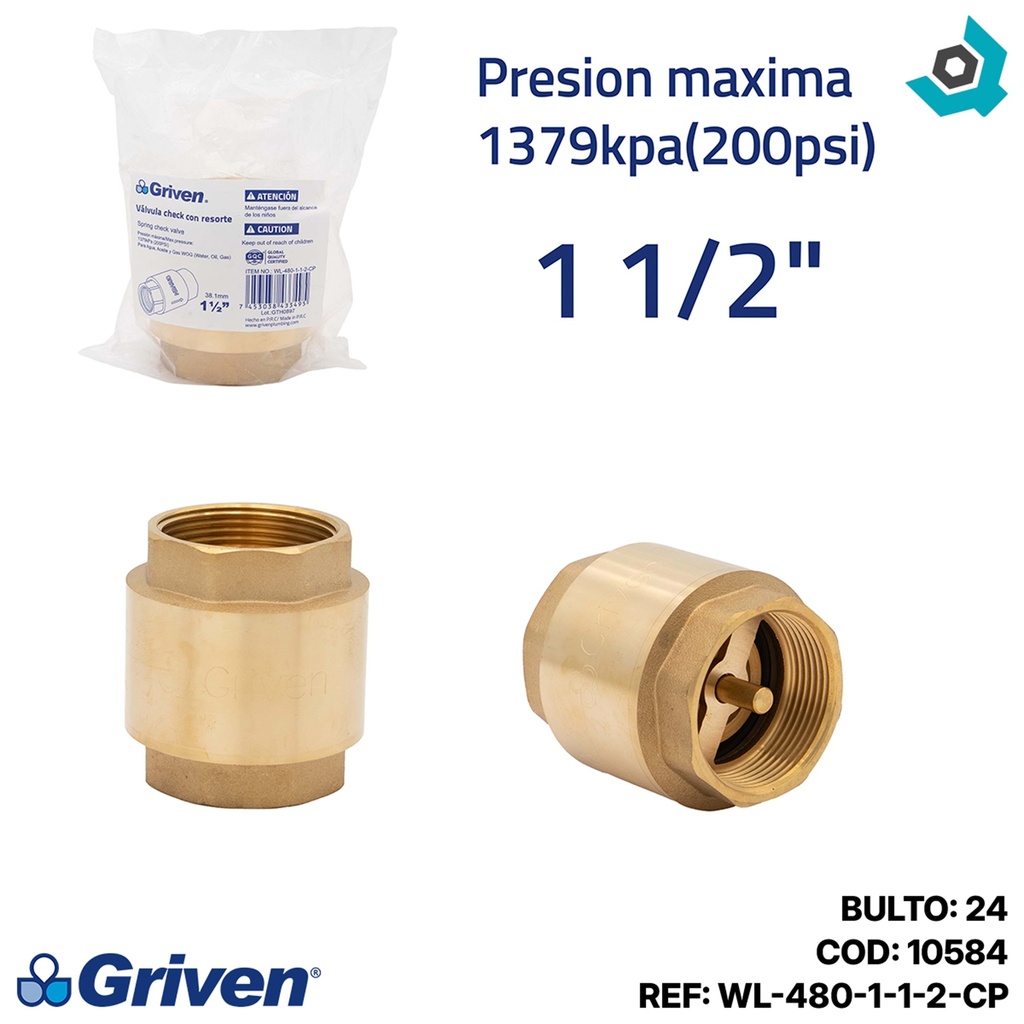 VALVULA CHEQUE 1-1-2" CON RESORTE GRIVEN