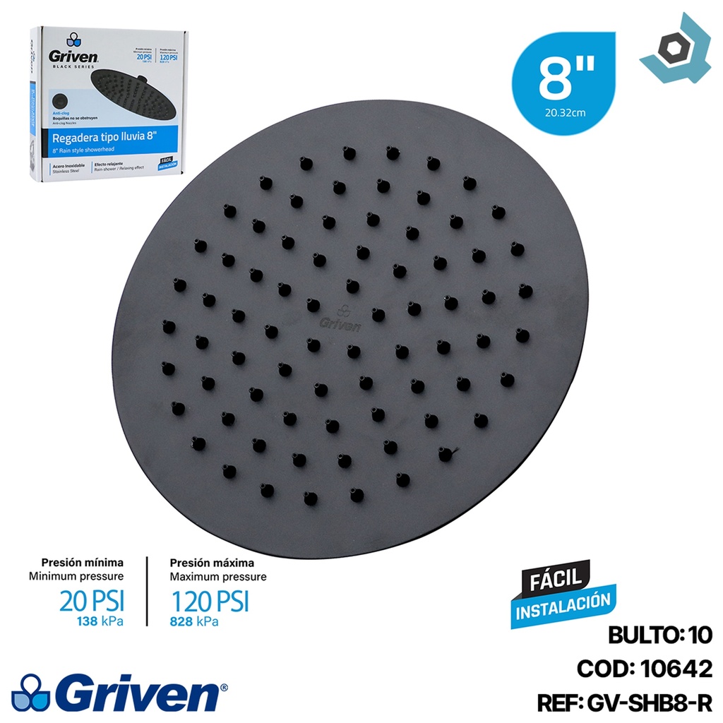 REGADERA PARA DUCHA TIPO LLUVIA REDONDA 8" GRIVEN BLACK