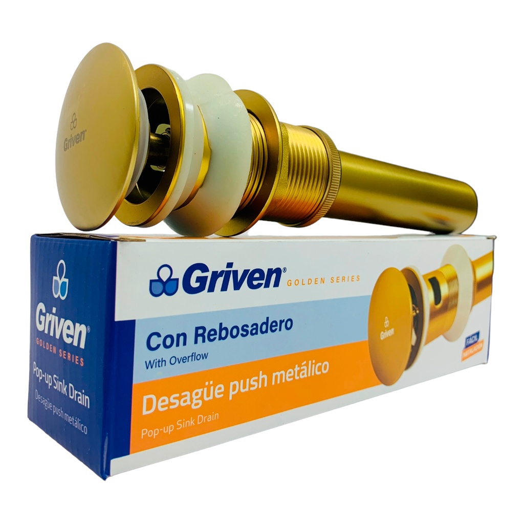 DESAGUE PUSH METALICO CON REBOSADERO DORADO GRIVEN GOLDEN
