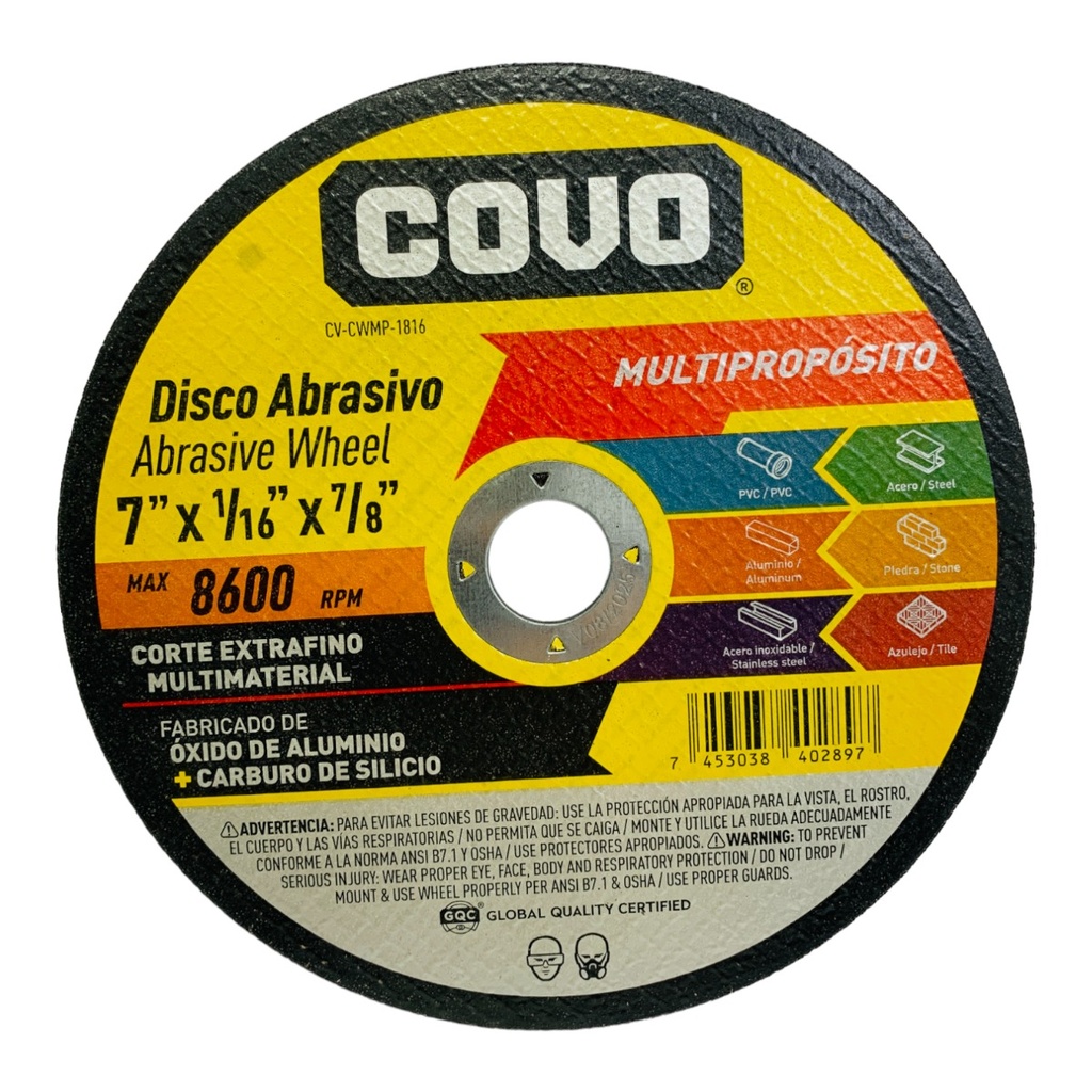 DISCO ABRASIVO MULTIPROPOSITO 7" CENTRO PLANO COVO