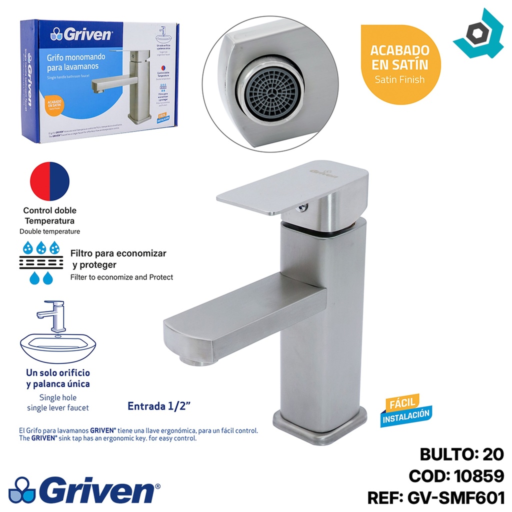 GRIFERIA PARA LAVAMANOS MONOMANDO SATINADO GRIVEN