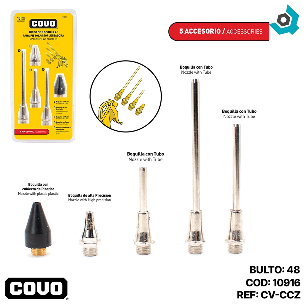 JUEGO DE 5 BOQUILLAS PARA PISTOLAS SOPLADORA COVO