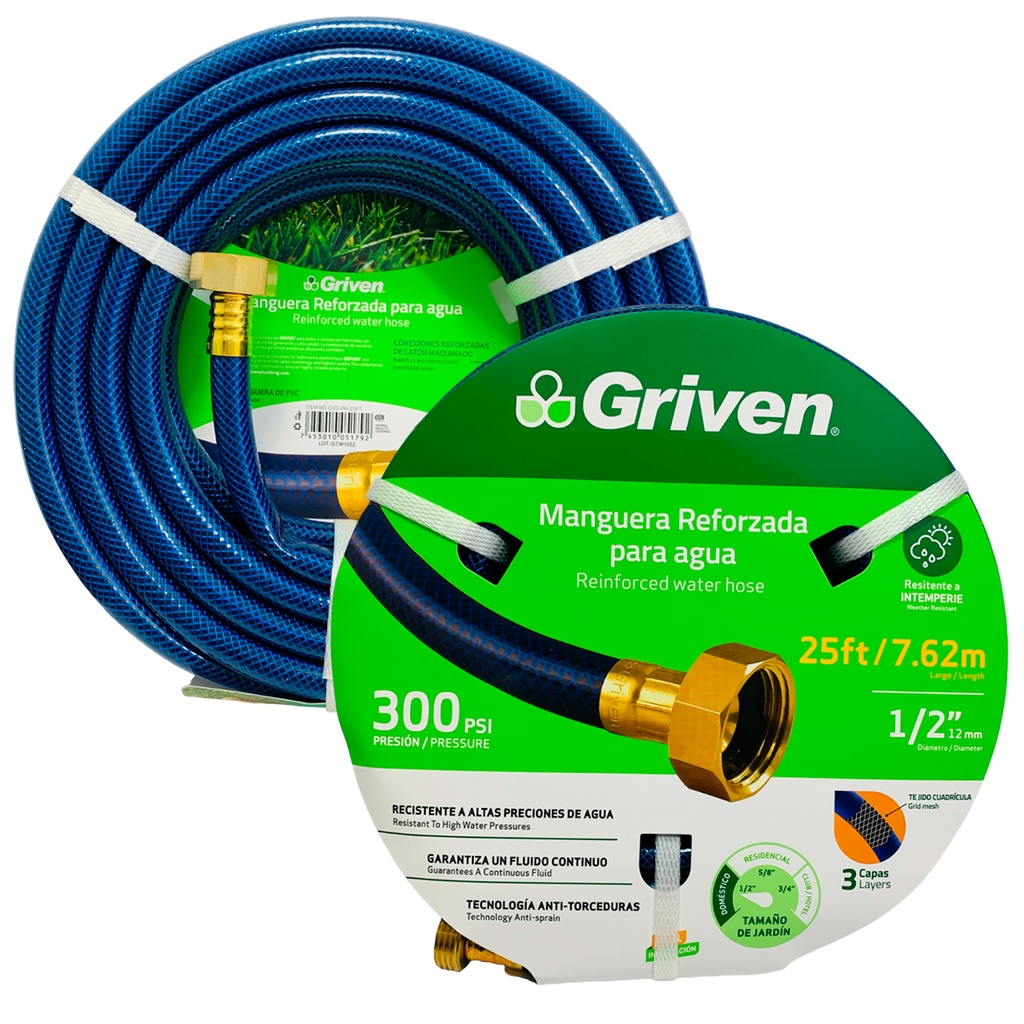 MANGUERA 1/2" DE JARDINERIA REFORZADA 7.62 METROS GRIVEN