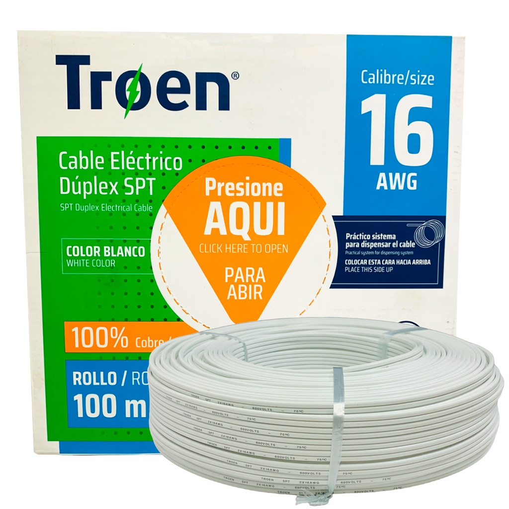 CABLE ELECTRICO 16 AWG BLANCO DUPLEX SPT TROEN