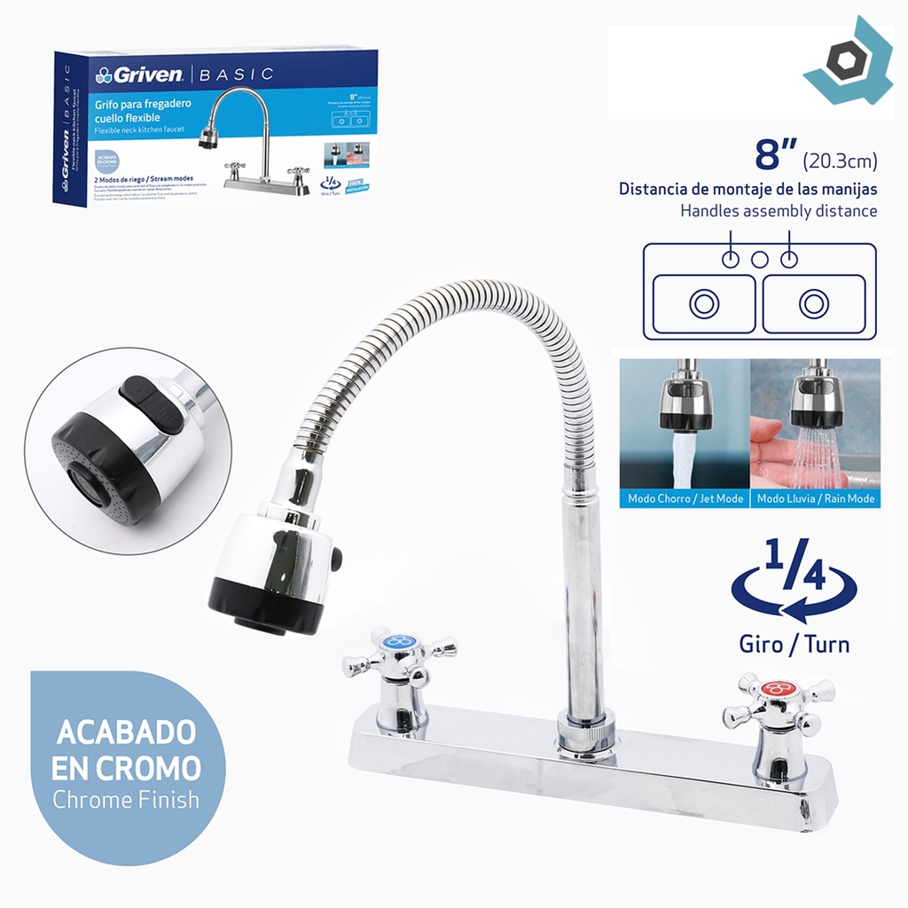 GRIFERIA PARA FREGADERO 8" CUELLO FLEXIBLE GRIVEN