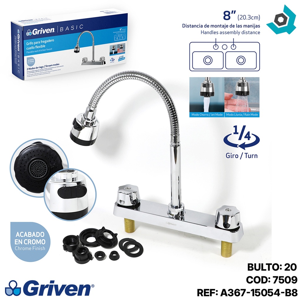 GRIFERIA PARA FREGADERO 8" CUELLO FLEXIBLE GRIVEN