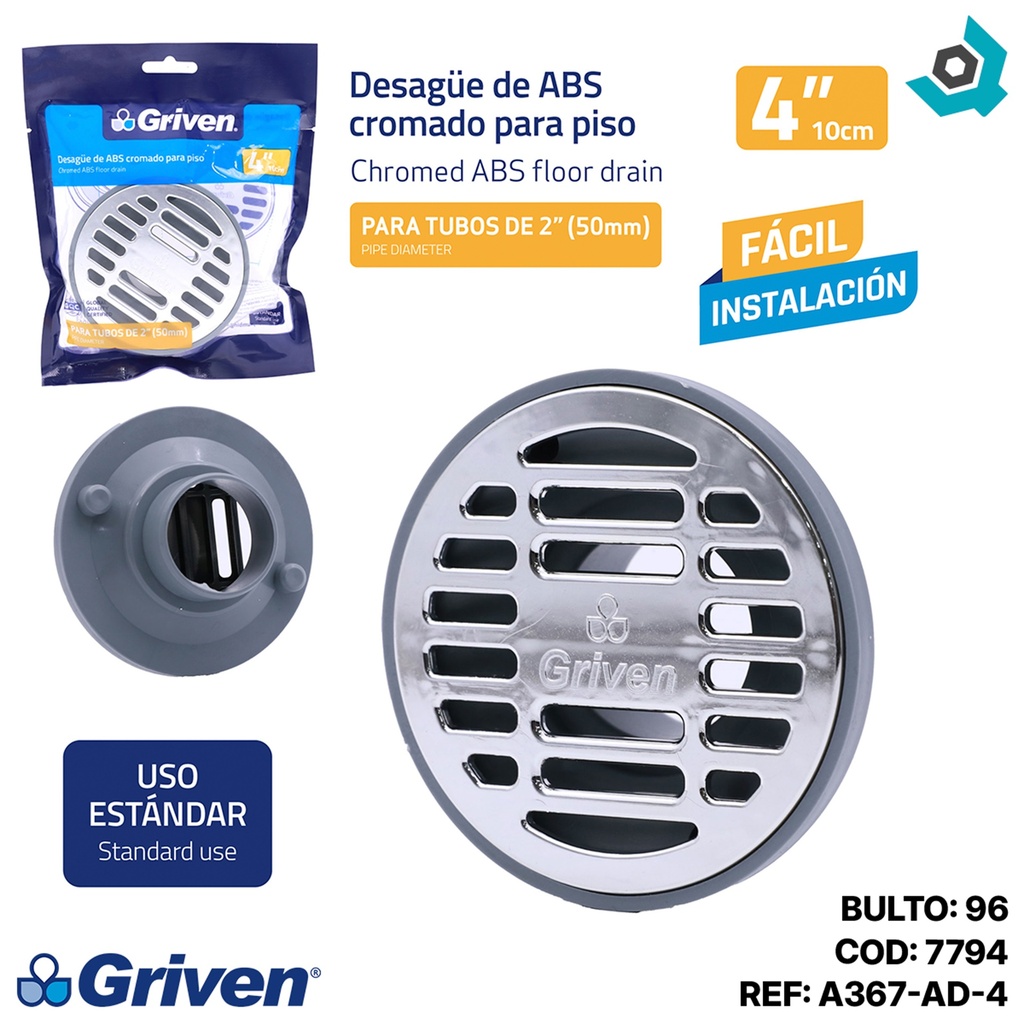 DESAGUE DE PISO 4" REDONDO CROMADO GRIVEN