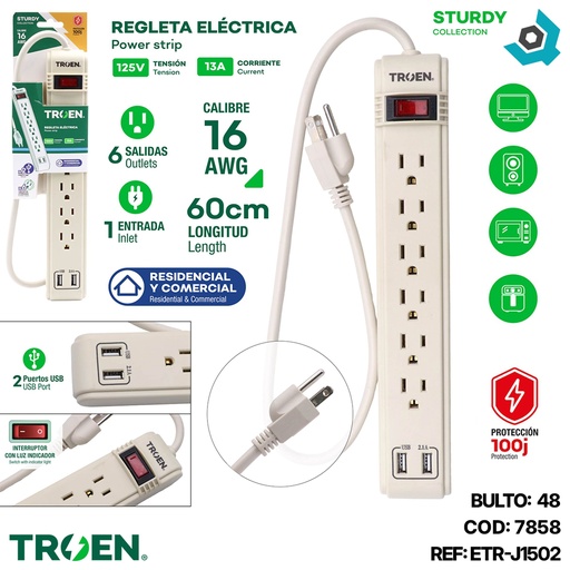 [7858] REGLETA ELECTRICA 6 TOMAS CON PUERTO USB TROEN