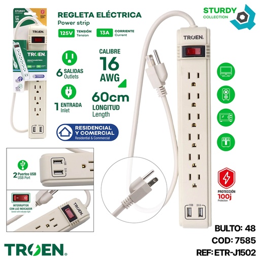 [7858] REGLETA ELECTRICA 6 TOMAS CON PUERTO USB TROEN