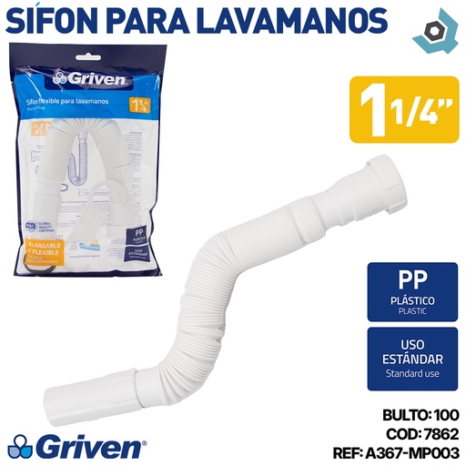 [7862] SIFON PARA LAVAMANOS 1 1/4" FLEXIBLE GRIVEN