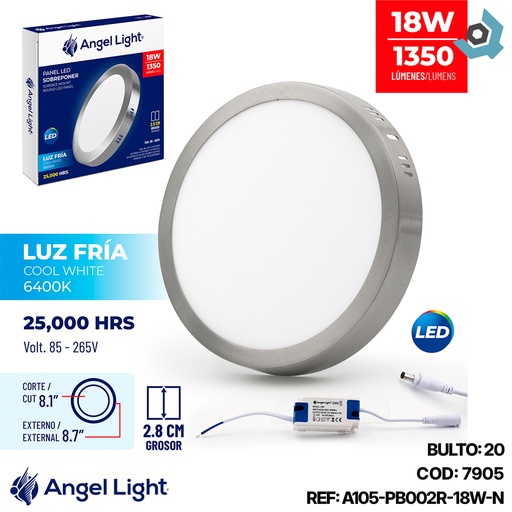 [7905] LAMPARA LED SUPERFICIAL REDONDA 18W NIQUELADA LUZ BLANCA ANGEL LIGHT