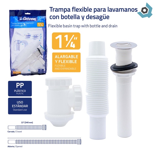 [7950] SIFON 1 1/4" FLEXIBLE CON DESAGUE PARA LAVAMANOS GRIVEN