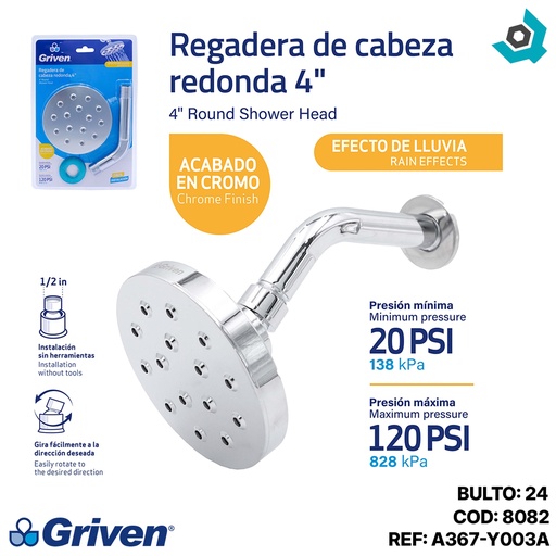 [8082] REGADERA PARA BANO 4" ABS CROMADO GRIVEN